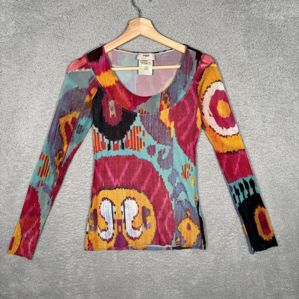 90s FUZZI Long Sleeve Blouse Top Small Multicolor Abstract Scoop Neckline Mesh
